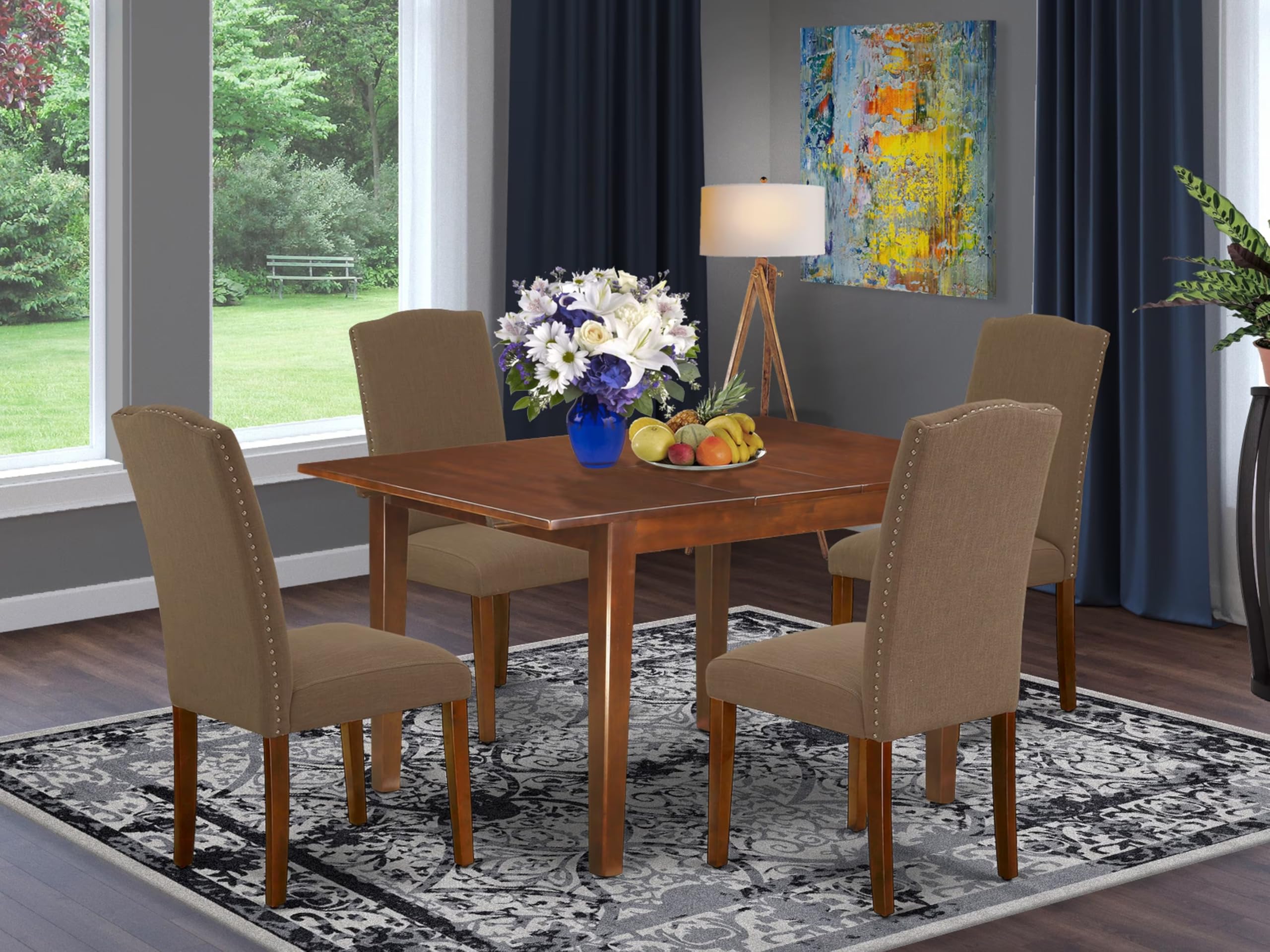 East West Furniture Noen5-Mah-18 5 Piece Modern Dining Table Set Includes A Rectangle Wooden Table With Butterfly Leaf And 4 Dark Coffee Linen Fabric Parson Chairs, 32X54 Inch, Mahogany